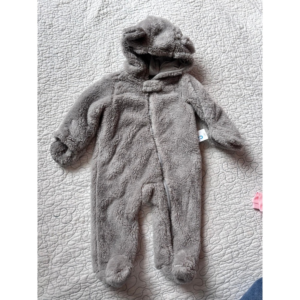 Carters Just One You Baby Gray Fleece Bear Ear Pram Suit Bunting 6 Months